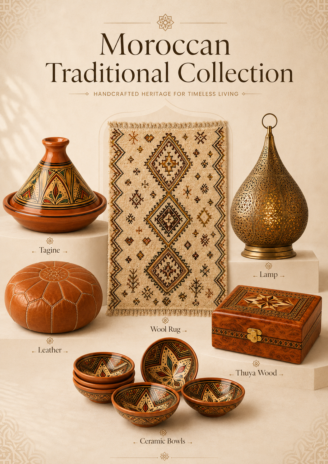 Moroccan Traditional Collection â€” tagine, wool rug, brass lamp, leather pouf, thuya wood box and ceramic bowls