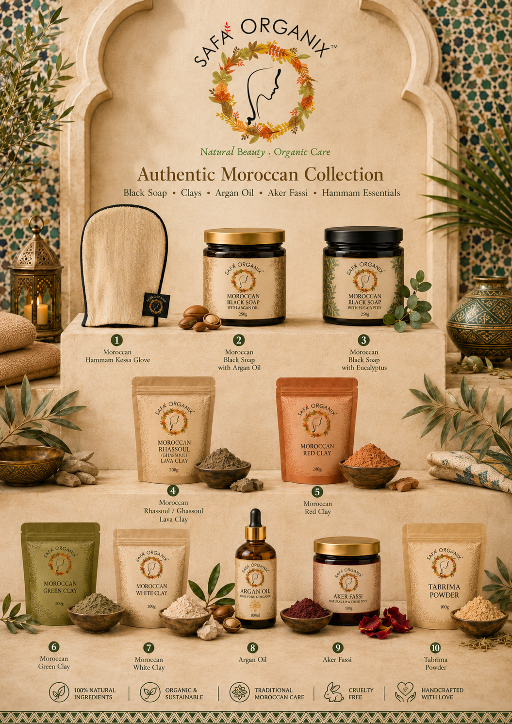 Safa Organix Authentic Moroccan Collection â€” Hammam Kessa Glove, Black Soaps, Rhassoul Clay, Argan Oil, Aker Fassi and more